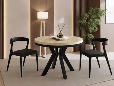 Produktbild von Runder Esstisch Ausziehbar 100-200 cm XXL Groß – Verlängerbar, für 5-10 Personen mit Schwarzen Holzbeinen & Metallring – Tisch für Wohnzimmer & Esszimmer in Eiche Sonoma Hellbraun