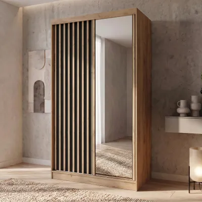 Produktbild von BEAUTYSOFA | Kleiderschrank DONATELLO 120 cm Schwarz/Artisan mit Spiegel, Lamellen und 1 Schubkasteneinsatz, Schwebetürenschrank modern