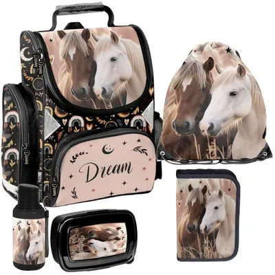 Produktbild von Schulranzen 5-tlg. Set für Mädchen & Jungen PFERDE horse – Paso Ranzen, Mäppchen, Tasche, Flasche, Frühstückstasche