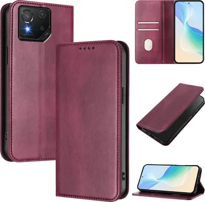 Obrázek produktu pro Pouzdro pro Asus ROG Phone 8 / 8 Pro, vintage kožené pouzdro s RFID ochranou, přihrádkami na karty, stojánkem Červený