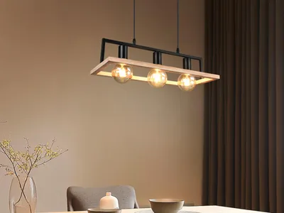 Produktbild von Industrial Style LED Pendelleuchte 3-flammig mit Rahmen aus Holz, Breite 57,5cm
