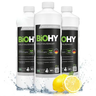 Produktbild von BiOHY Edelstahlreiniger + Dosierer, Edelstahlpflege, Edelstahl Politur, 3 x 1 l
