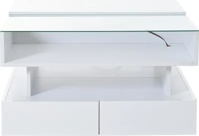 Produktbild von Couchtisch 80x80x45cm Hoehenverstellbar Verstecktem Stauraum 2 Schubladen Sofatisch LED Hochglanz Beistelltisch Wohnzimmertisch Gehaertetes Glas Weiss