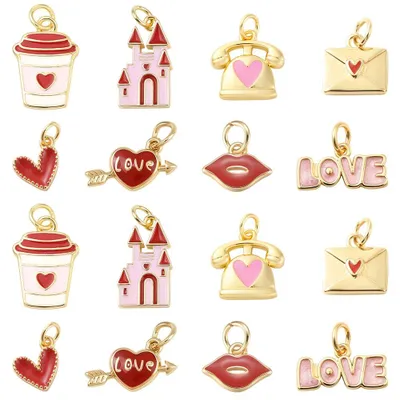 16 emaillierte Herz-Anhänger, 18K vergoldet, 8 Designs, rosa/rot