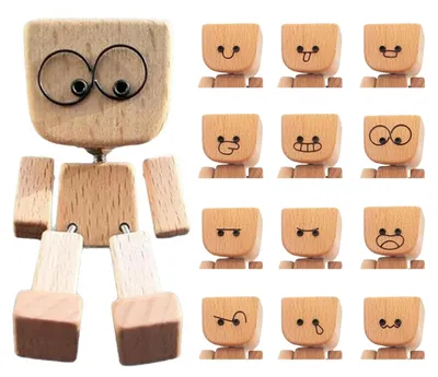 Produktbild von 1 Set wackelnde Holzfigur eines Mannes mit 12 Gesichtsausdrücken, handgefertigt, wackelnde Füße, Holzpuppe, Auto-Armaturenbrett-/Tischdekoration