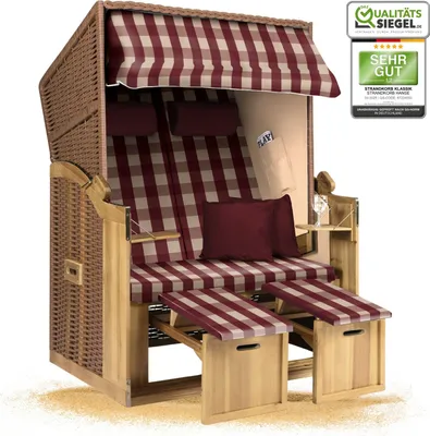 Produktbild von Strandkorb Ostsee 2-Sitzer 120cm breit in beige rot kariert zerlegt, ideal für Balkon, Terrasse oder Garten
