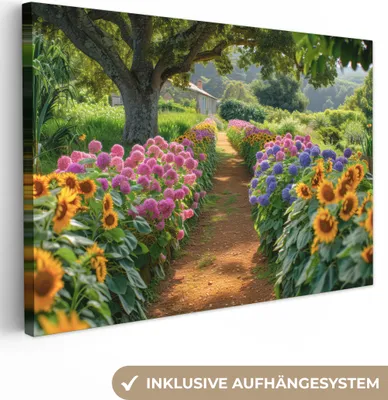 Produktbild von MuchoWow® - Leinwandbilder - Blumen - Weg - Sonnenblumen - Garten - Hortensie, Wandbild, Wanddeko Bilder Wohnzimmer, 120x80 cm