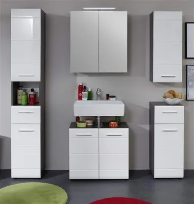 Produktbild von Badezimmer-Kombination Hochglanz weiß und Sardegna grau Rauchsilber Line 5-teiliges Set Hochschrank,Spiegelschrank, Waschbeckenunterschrank, Hängeschrank und Unterschrank
