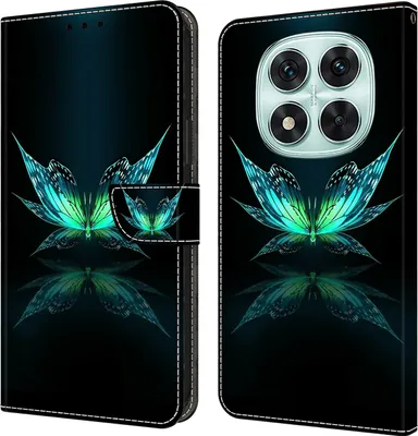 Produktbild von CLM-Tech Handyhülle kompatibel mit Xiaomi Redmi Note 14 Pro 5G Hülle - Tasche aus Kunstleder - Klapphülle mit Ständer und Kartenfächern - Schutzhülle Wallet Case Cover schwarz türkiser Schmetterling
