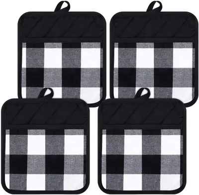 Produktbild von 4 Stücke Büffel Gitter Topflappen mit Taschen Baumwolle Topflappen Büffel Plaid Stoff Handschuhe Tasche Schwarz und Weiß Topfhalter für Küche