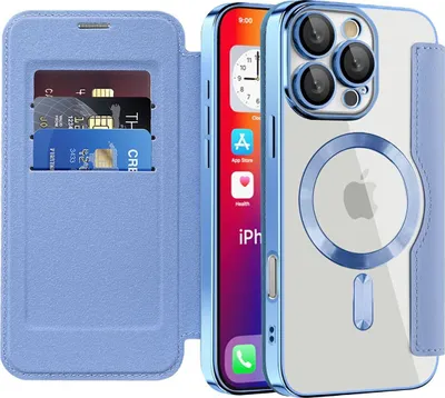 Image de Étui pour iPhone 16 Pro compatible MagSafe, étui transparent avec porte-cartes, étui en cuir avec protection de l'appareil photo Bleu clair