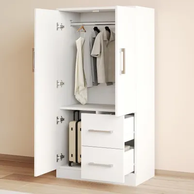 Image de Armoire 70x40x135 cm, double porte, en bois blanc/bois naturel, fabriquée en pin, contreplaqué et MDF, avec 2 tiroirs, idéale pour une chambre