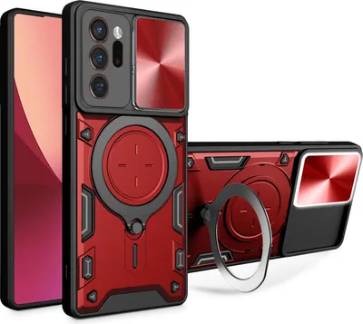 Produktbild von Handyhülle für Samsung Galaxy Note 20 Ultra Dual-Layer Stoßfest Rüstung Hülle mit Dia Kameraschutz und Kreisförmig Ring Ständer Rot