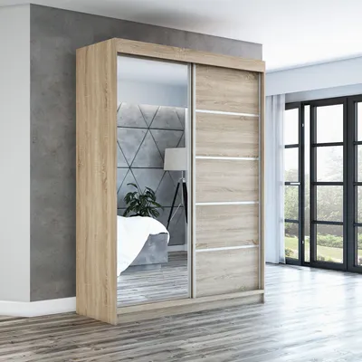 A modern sliding door wardrobe with a mirrored door, displayed in a bedroom setting.