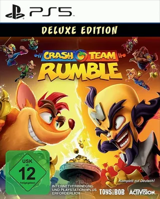 The image is a marketing image for the video game 'Crash Team Rumble Deluxe Edition' for PlayStation 5. It features characters from the Crash Bandicoot franchise.