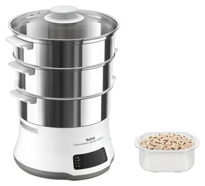 Produktbild von Tefal Convenient Series Deluxe Dampfgarer VC502D, 3 Korb/Körbe, Edelstahl, Weiß, Arbeitsplatte, Berührung, Vorderseite, Edelstahl
