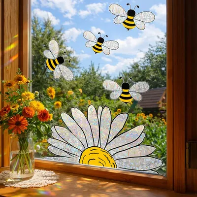 Produktbild von Fenstersticker Biene & Blume holografisch – Wiederverwendbare Fensteraufkleber Frühling Sommer, Deko für Fenster, Kinderzimmer, Küche, Ostern, H0736