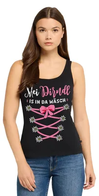 Produktbild von Spreadshirt Dirndl Spruch Mit Blumen Und Bindeoptik Frauen Premium Tank Top, M, Schwarz
