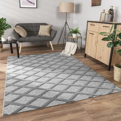 Produktbild von Teppich Wohnzimmer Schlafzimmer Kurzflor Boho Skandi Raute 3D Grau Anthrazit Grösse 120x160 cm