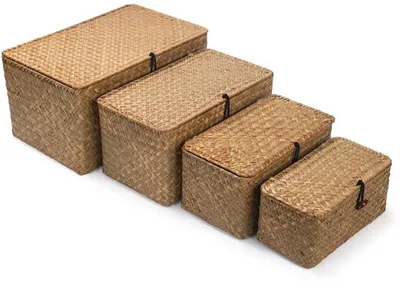 Obrázek produktu pro Azomor Přírodní pletené úložné koše s víkem pro stylové uspořádání domácnosti