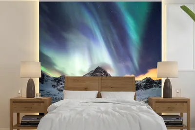 Produktbild von MuchoWow® Fototapete für Wohnzimmer oder Schlafzimmer Wandtapete Vinyl Motivtapete Nordlichter - Schnee - Berge - 280x280 cm - Hintergrundbild