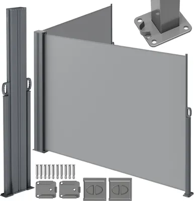 Obrázek produktu pro Izrielar boční markýza 600 x 180 cm, výsuvná, ochrana před větrem, ochrana před sluncem pro balkon a terasu, boční roleta s nástěnným držákem, ochrana před sluncem – šedá markýza