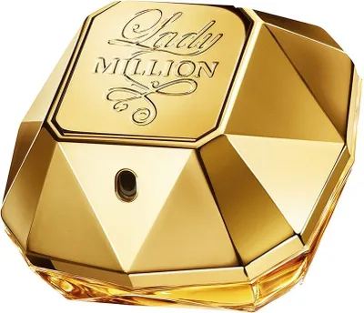A gold-colored perfume bottle with faceted sides, resembling a diamond.
