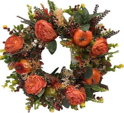 Produktbild von Herbstlicher Pfingstrosen-Kürbiskranz, künstliche Zweiggirlande, Vintage-Blumengirlande, saisonaler Türhänger für Thanksgiving-Ernte-Dekor
