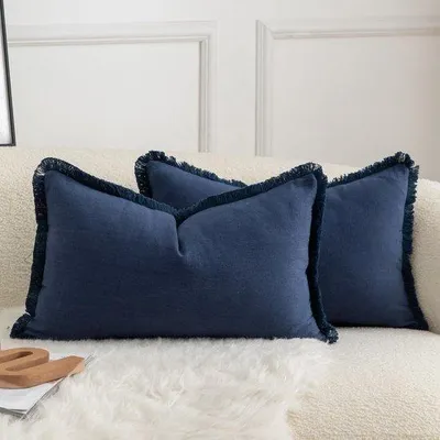 Produktbild von Set aus 2 neutralem Baumwollkissenbezug mit Bürsten 30 x 50 cm dekorativer Kissenbezug Kissenhüllen für Sofa Bank Schlafzimmer Wohnzimmer Wohnaccessoires Marineblau