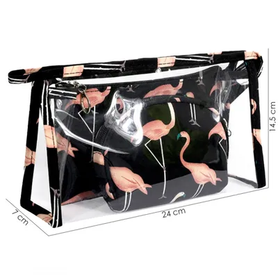 Produktbild von 3er-Set Kosmetiktaschen - Schwarz, Rosa, Transparent und Rechteckig mit den Maßen 24x14,5x7 cm, 19x12 cm und 15x10,5x3 cm