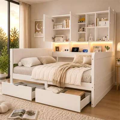 Produktbild von Flieks Jugendbett 140x200cm mit USB und Steckdose, Kinderbett Doppelbett mit Led, Schlafsofa Holzbett mit Schubladen und Schrank, Stauraumbett Weiß