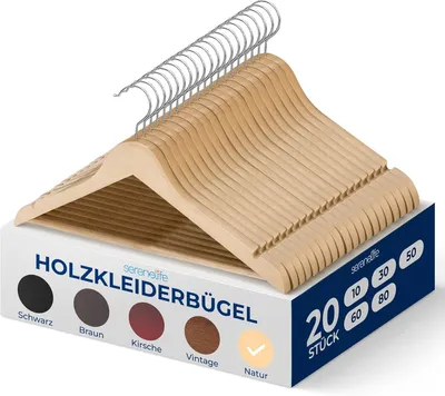Produktbild von SereneLife Kleiderbügel Holz, 20er Set, Bügel aus Massivholz, Einkerbungen im Schulterbereich, Rutschfester Hosensteg, Hemden