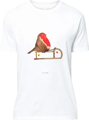 Produktbild von Mr. & Mrs. Panda T-Shirt Rotkehlchen Schlitten - Weiß - Geschenk, oberteil, Vogel, S, Weihnachten, Jersey-Shirt, Lustiges, Tshirt