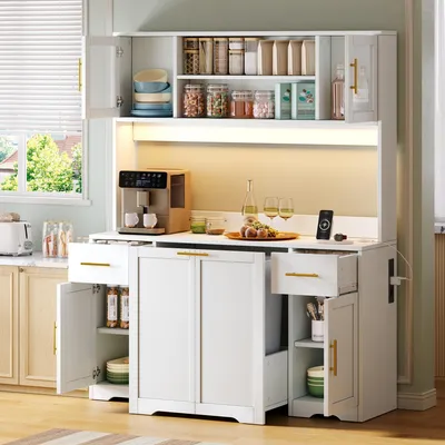 Immagine prodotto di MODFU: Armadio alto da cucina con vetrina a LED, mobile alto con piano di lavoro e 2 cassetti, credenza a due ante, mobile contenitore con cassetto estraibile, colore bianco, dimensioni 140x40x173 cm