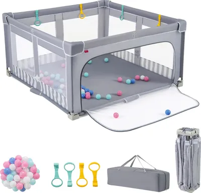 Produktbild von GOPLUS 150cm Laufstall Faltbar Babys mit atmungsaktivem Netz, Laufgitter mit 50 Bällen, 4 Griffen & Tragetasche