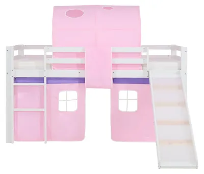 Produktbild von Homestyle4u Hochbett 90x200 mit Rutsche Set mit Matratze ® Standard 100 Lattenrost Vorhang Tunnel Rosa Mädchen Kinderbett Weiß Holz Kiefer Massiv Jugendbett Spielbett