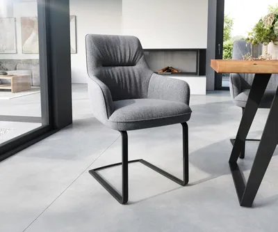 Produktbild von DELIFE Freischwinger Zelia-Flex mit Armlehnen Strukturstoff Hellgrau Freischwinger flach Schwarz Taschenfederkern
