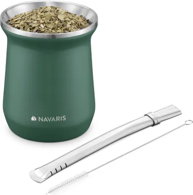 Produktbild von Navaris Yerba Mate Becher Set aus Edelstahl - 300ml Tee Tasse Cup Glas für Mate-Tee - Matebecher inkl Bombilla Strohhalm und Reinigungsbürste