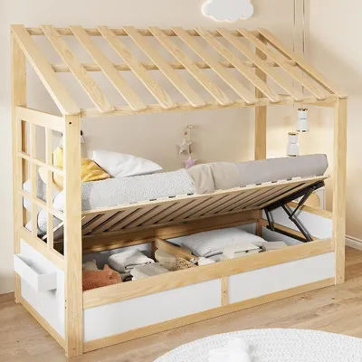 Immagine prodotto di Letto per bambini in stile rustico, dimensioni 90x200 cm, con struttura a casetta, tetto e finestre, spazio contenitore idraulico e vani portaoggetti laterali, colore legno e bianco