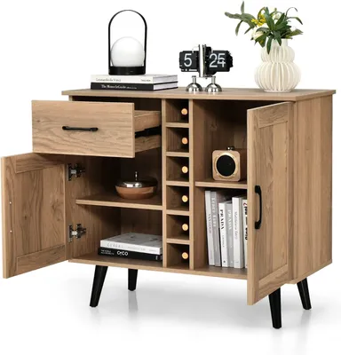 Produktbild von GOPLUS Sideboard Küche, Buffetschrank mit 6 Flaschen Weinregal, Aufbewahrungsschrank mit Schublade, Küchenschrank Natur für Wohnzimmer & Esszimmer, 90 x 40 x 79 cm