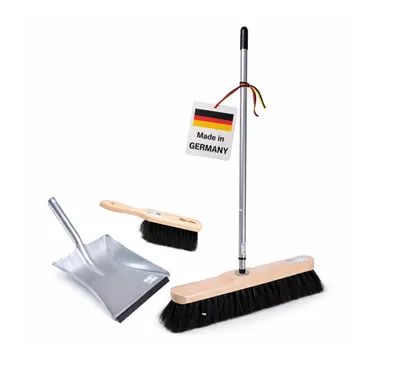 Produktbild von Hochwertiges Rosshaarbesen SET Komplett-Set Kehrgarnitur Zimmerbesen Besen mit Stiel Handfeger und Kehrschaufel Roßhaar Borsten Haushaltsbesen