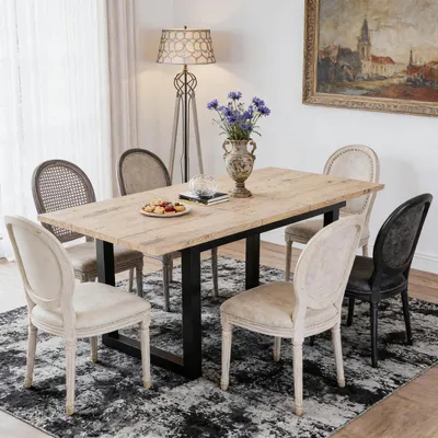 Obrázek produktu pro Rozkládací jídelní stůl, rozměry 140/180 x 80 x 75 cm, povrch imitující dubové dřevo, černý kovový rám, obdélníkový tvar