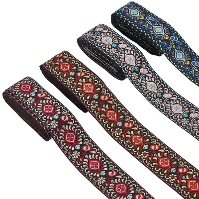 Produktbild von Vintage Jacquard Borte - Besticktes Webband mit Blumenmuster - Zum Nähen und Basteln - 18,29 m Länge und 50 mm Breite - 4 Farben Set