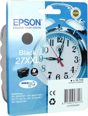 Produktbild von Epson Alarm clock Singlepack Black 27XXL DURABrite Ultra Ink, Hohe (XL-) Ausbeute, Schwarz, Tinte auf Pigmentbasis, 34,1 ml, 1 Stück(e), 2200 Seiten