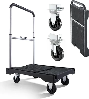 Image de Chariot à plate-forme - Chariot de transport pliable - Capacité de charge 150 kg - Surface de chargement antidérapante - Poignée réglable - Roulettes pivotantes - Dimensions 68 x 49,5 x 115 cm