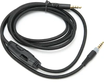A black audio cable with 3.5mm connectors and a volume control.