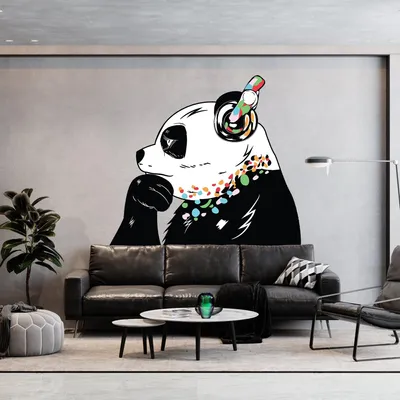 Obrázek produktu pro Decords, nástěnní dekorace – panda s náhlavními sluchátky, styl street art, rozměry 500 x 345 cm, umístění vlevo
