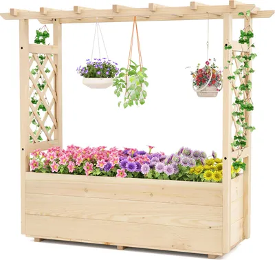 Produktbild von GOPLUS Pflanzkasten mit Rankgitter, Blumenkasten mit hängendem Dach & Ablauflöchern, 115 x 40 x 103 cm, Natur