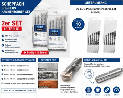 Produktbild von Scheppach SDS-Plus Hammerbohrer-Set 10-teilig (2x 5-teilig) | 5 / 6 / 6 / 8 / 10 mm | Beton- und Mauerwerkbohrer