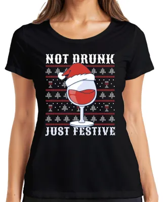 Obrázek produktu pro Not Drunk Just Festive Wine Lover - Ugly Christmas Sweater Vánoční dárek Dámské tričko, černá barva, XL